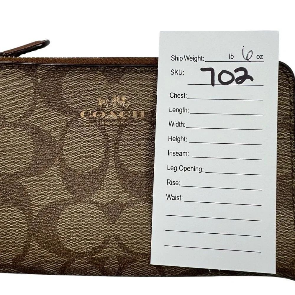 Coach Signature Brown Coated Canvas Double Zip Corner Wristlet Clutch Brown Tan - Picture 10 of 10